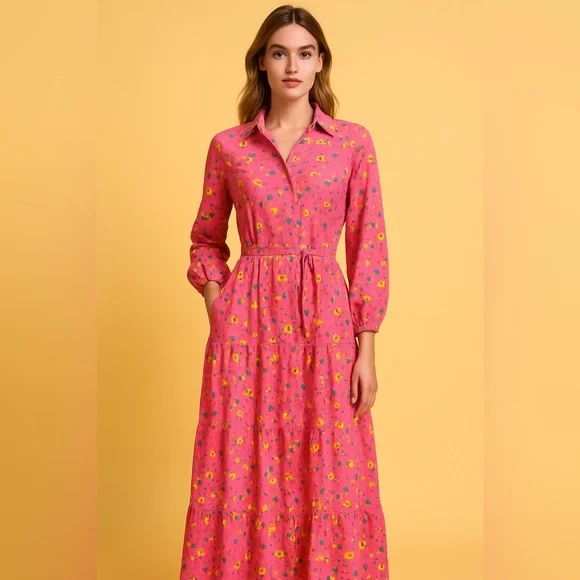 ANN MASHBURN Orange and Pink Pleated Tiered Sundress - Picture 1 of 5